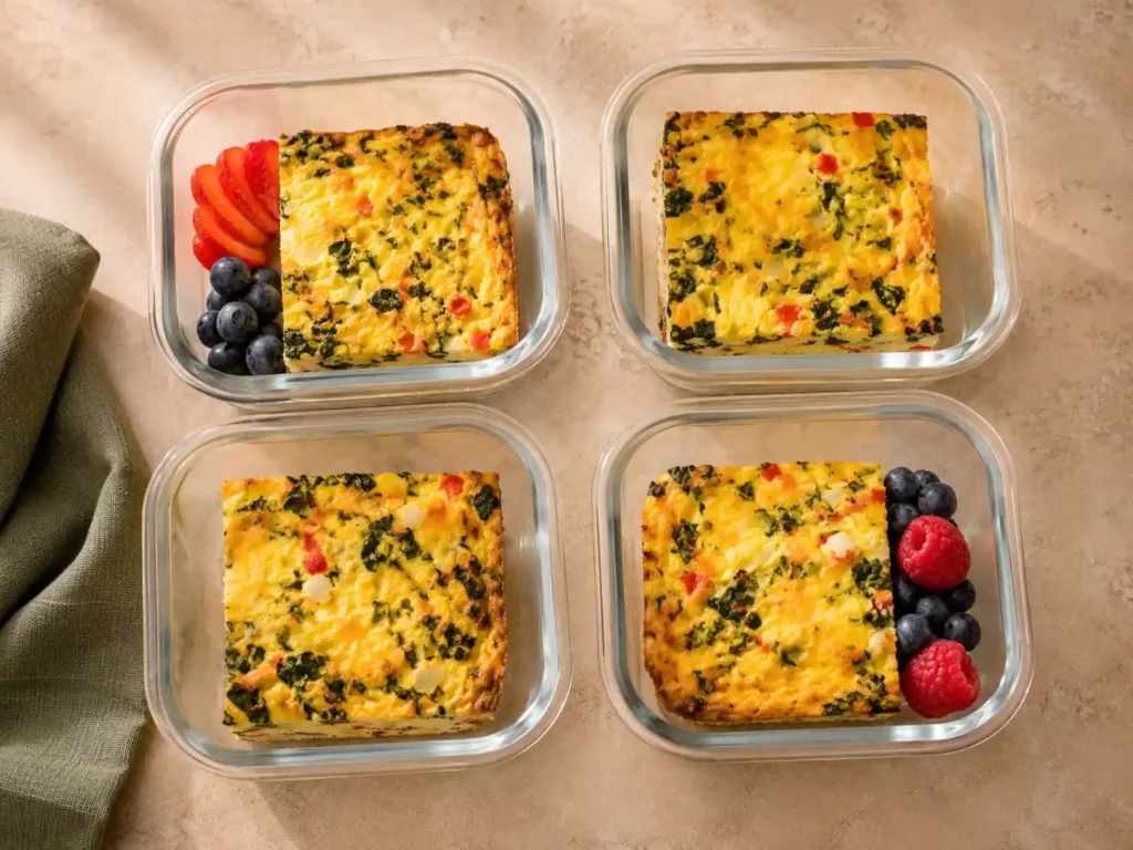 Four cottage cheese egg bake portions arranged in clear meal-prep containers.