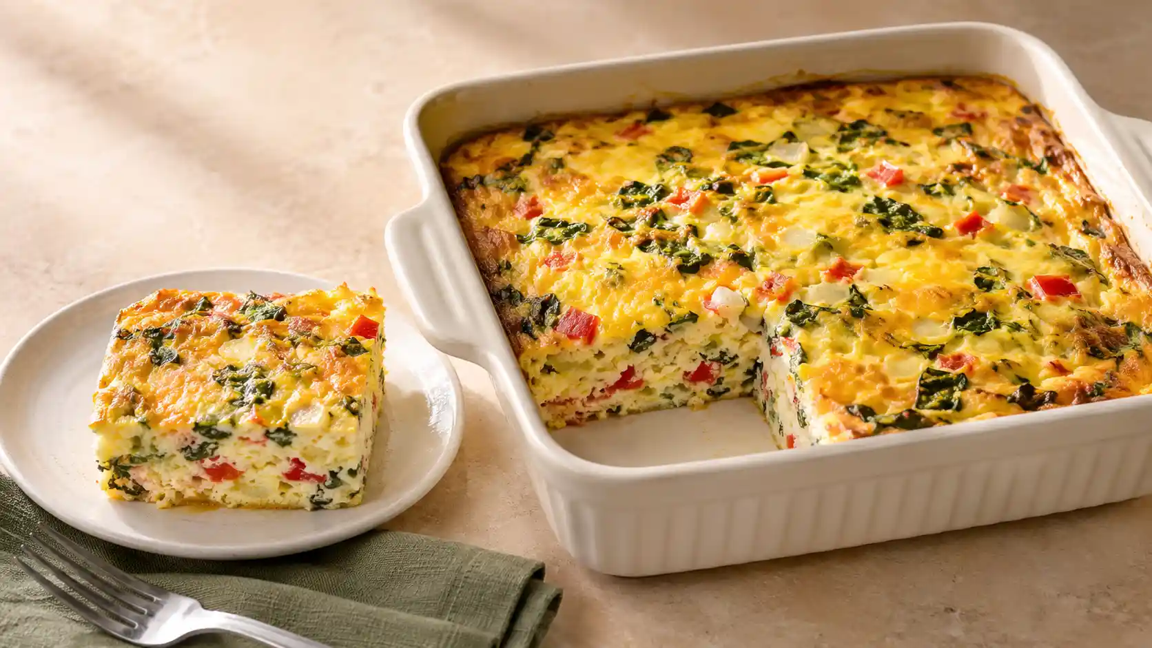 Cottage cheese egg bake with spinach, bell pepper, onion, and cheddar in a square baking dish.