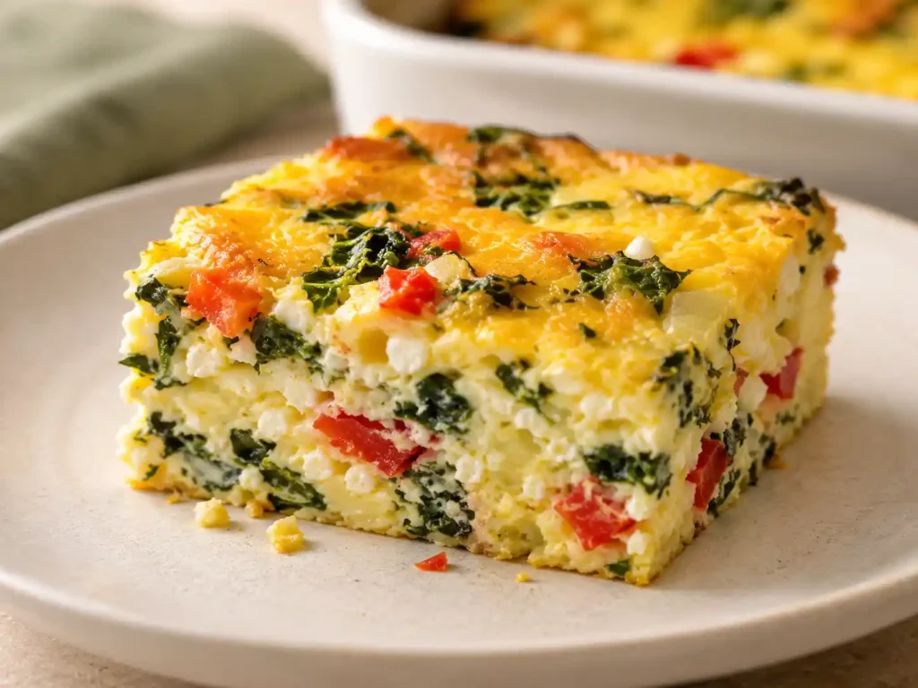 Close-up of a tender cottage cheese egg bake slice with a fully set center and visible spinach and peppers.