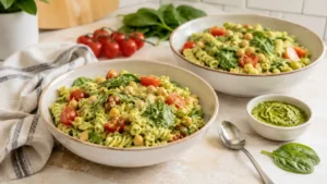 Creamy cottage cheese pesto pasta bowls with spinach, cherry tomatoes, and chickpeas on a bright kitchen counter.