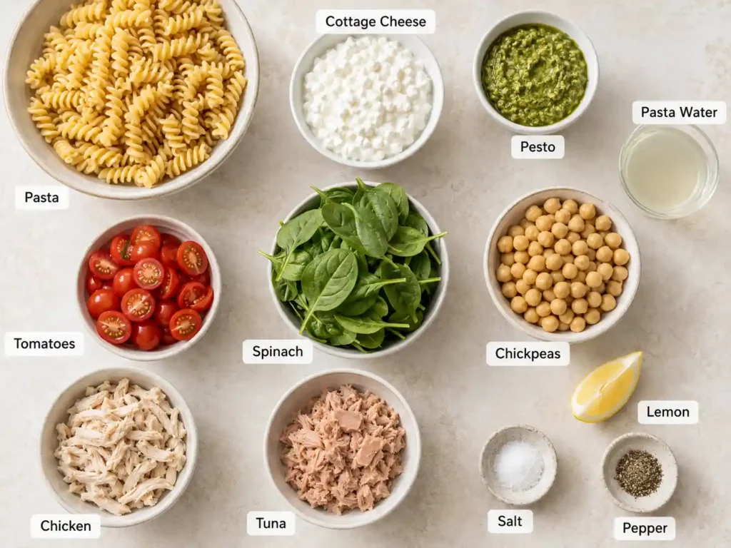 Labeled ingredients for cottage cheese pesto pasta bowls including pasta, cottage cheese, pesto, spinach, tomatoes, chickpeas, chicken, tuna, lemon, and pasta water.