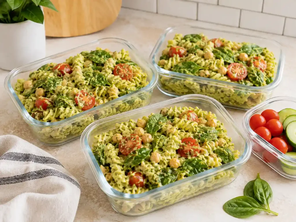 Meal prep containers filled with cottage cheese pesto pasta bowls, tomatoes, spinach, and chickpeas.