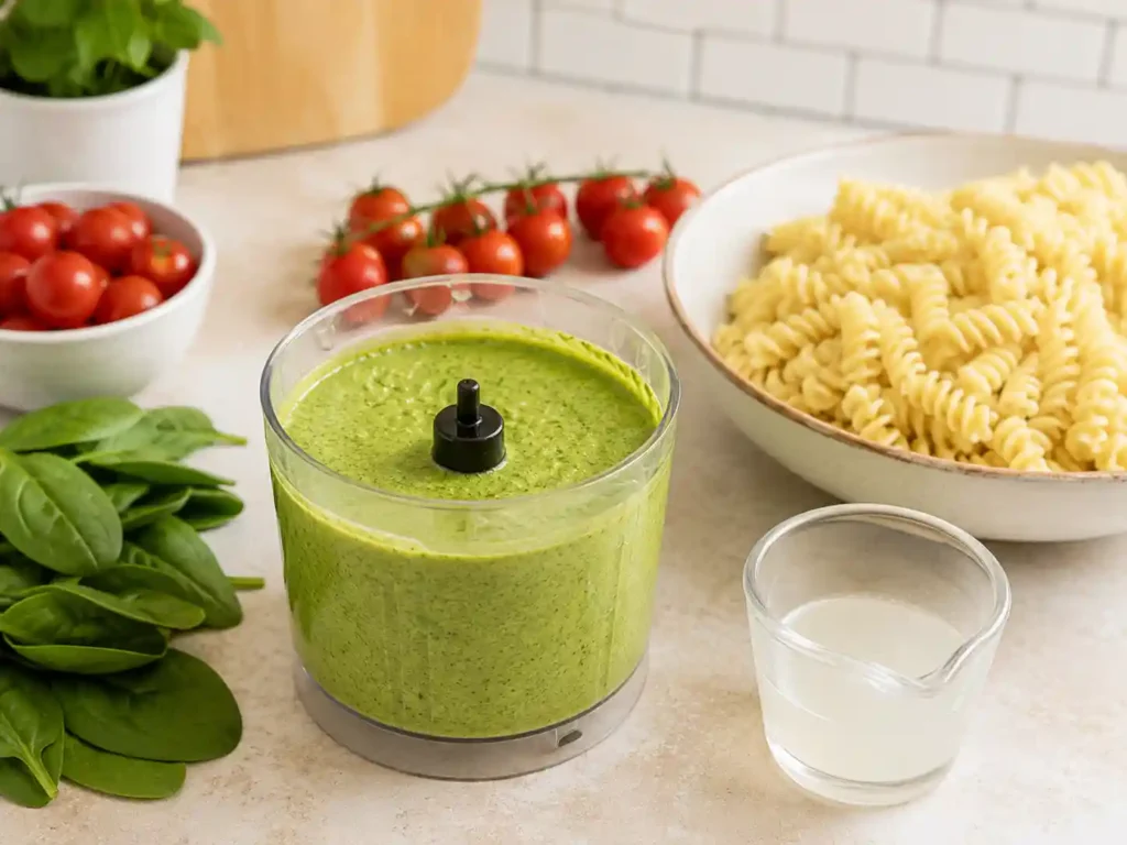 Blended cottage cheese pesto sauce in a food processor beside pasta and reserved pasta water.