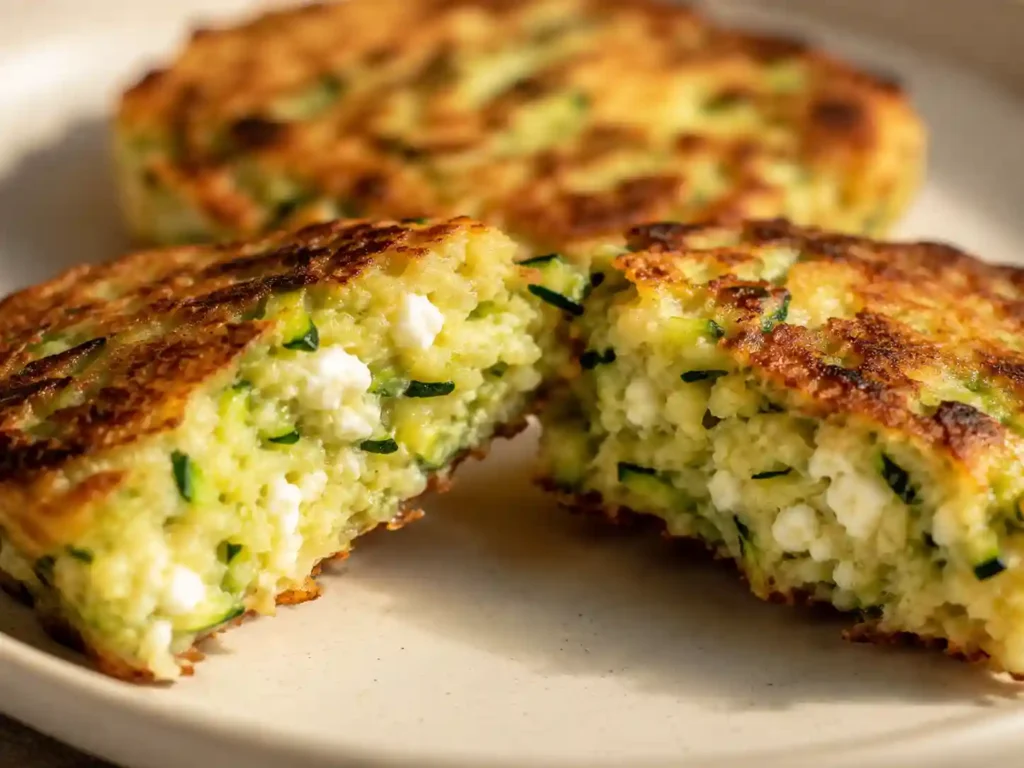Close-up of a cottage cheese zucchini fritter showing crisp golden edges and a tender cooked center.