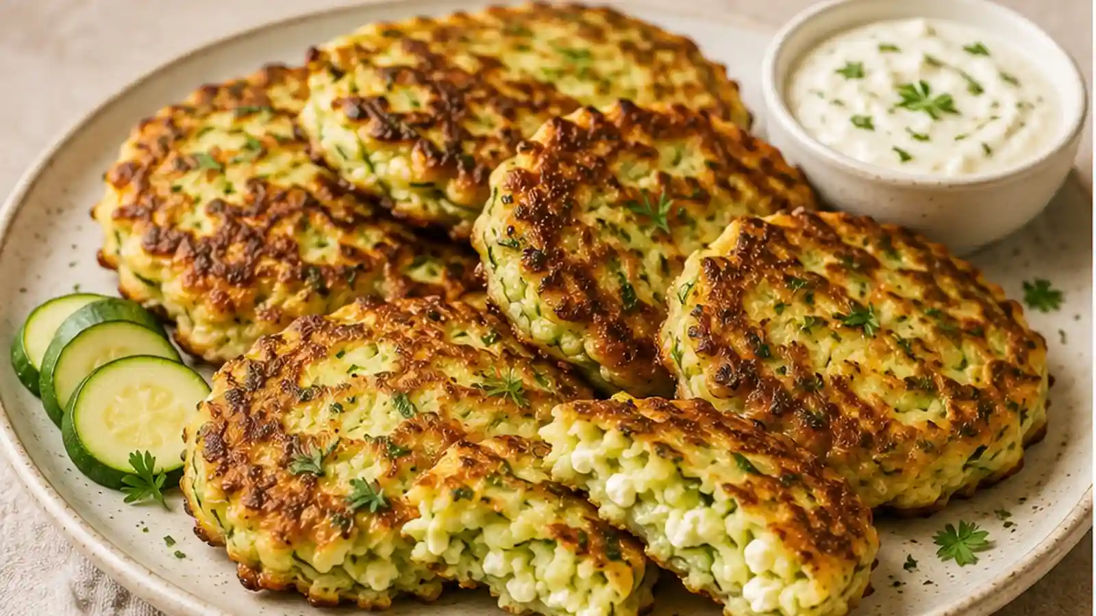 Golden cottage cheese zucchini fritters with visible zucchini shreds and a creamy herb dip.