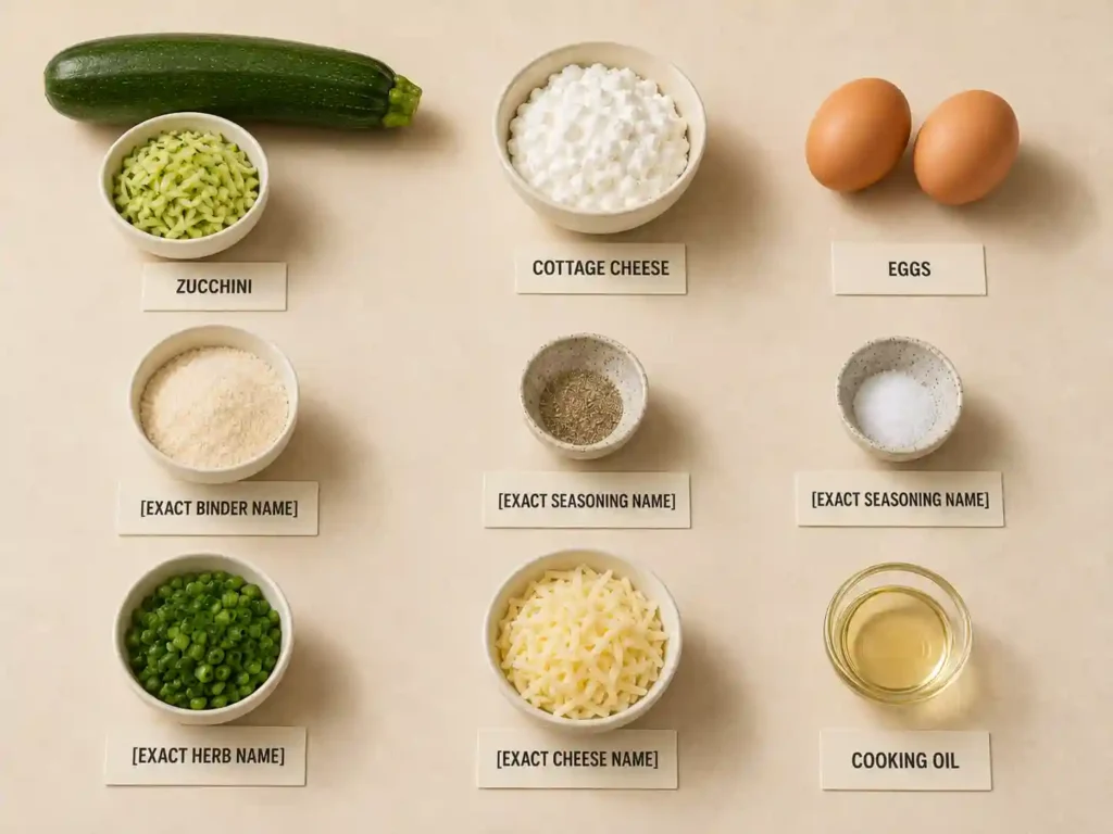 Labeled ingredients for cottage cheese zucchini fritters, including zucchini, cottage cheese, eggs, binder, seasonings, and cooking oil.