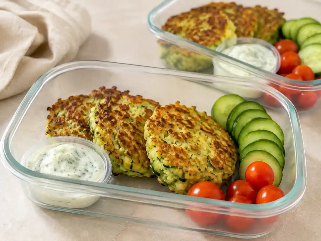 Cottage cheese zucchini fritters packed with vegetables and herb dip in a meal prep container.