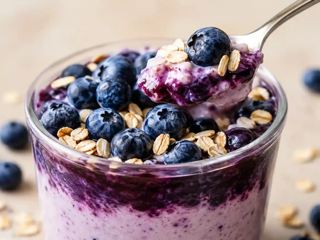 Close up of creamy blueberry cottage cheese cup with oats and blueberry layer