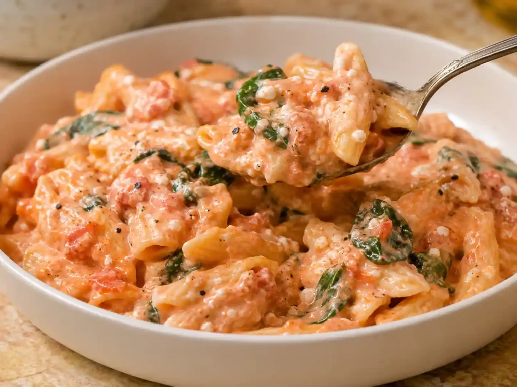 Close-up of pasta coated in creamy cottage cheese tomato sauce with spinach.