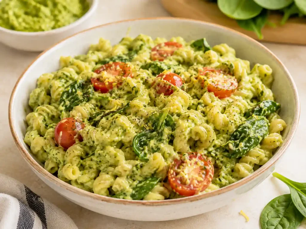 Close-up of creamy cottage cheese pesto pasta with spinach and tomatoes showing the smooth sauce texture.