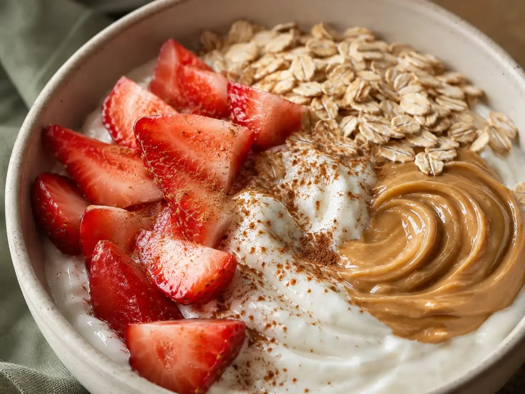 Close-up of creamy Greek yogurt with sliced strawberries, rolled oats, peanut butter, and cinnamon.