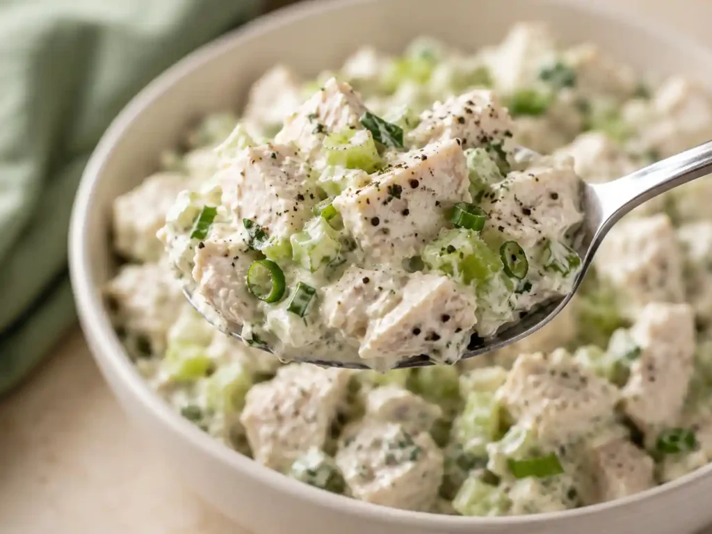 Close-up of thick and creamy Greek yogurt chicken salad with visible chicken, celery, green onion, and parsley.