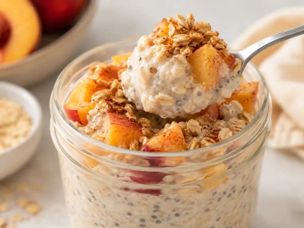 Close-up of creamy peach cobbler overnight oats with peach pieces, cinnamon, and a thick spoonable texture.