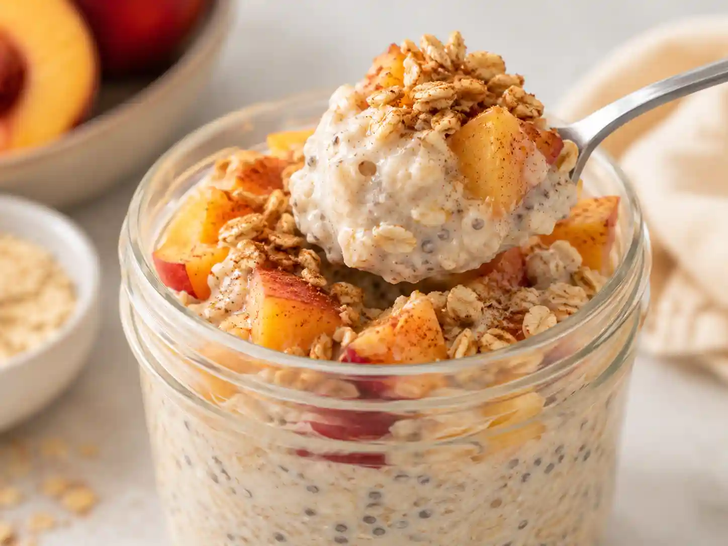 Close-up of creamy peach cobbler overnight oats with peach pieces, cinnamon, and a thick spoonable texture.