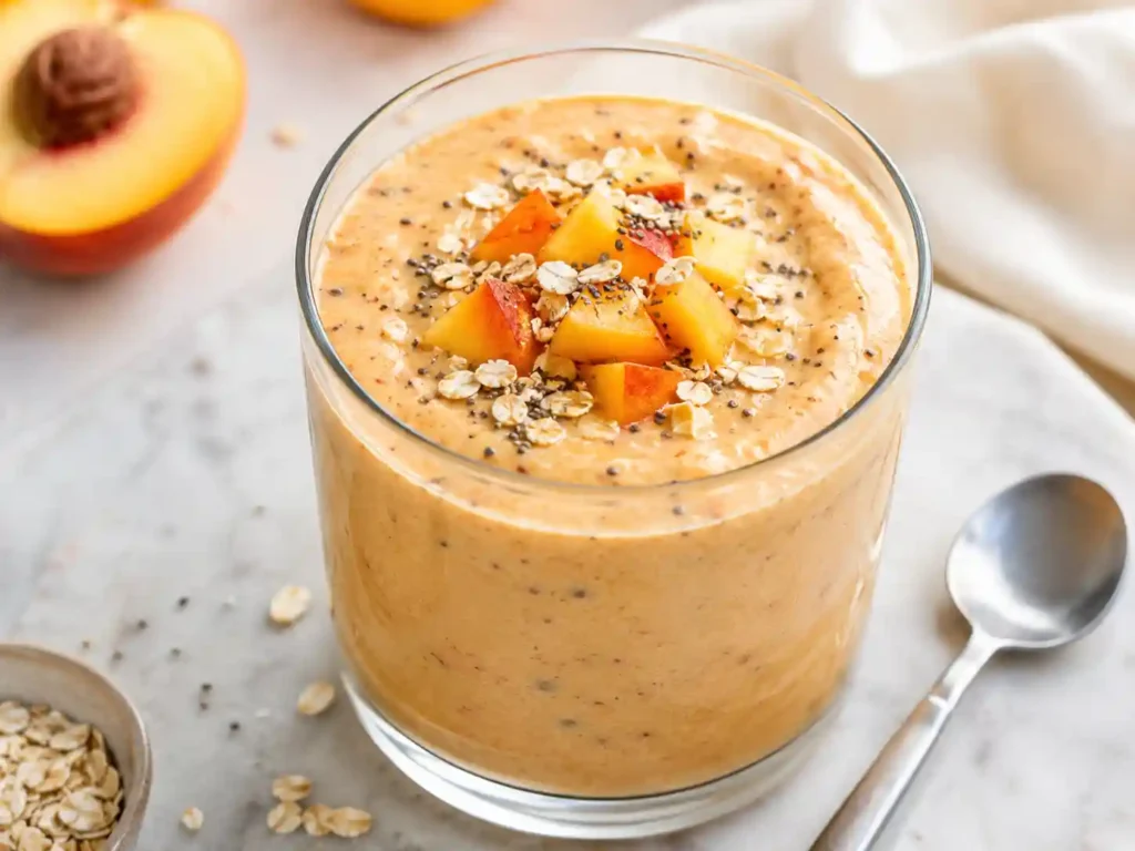 Close-up of a creamy peach protein smoothie with thick smooth texture, peach pieces, oats, and chia seeds.