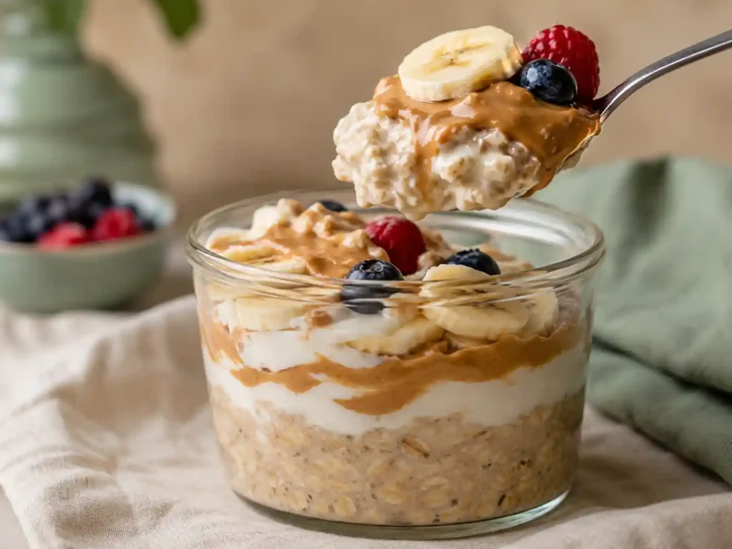 Close-up of creamy overnight oats layered with Greek-style yogurt, peanut butter, banana, and berries in a glass jar.