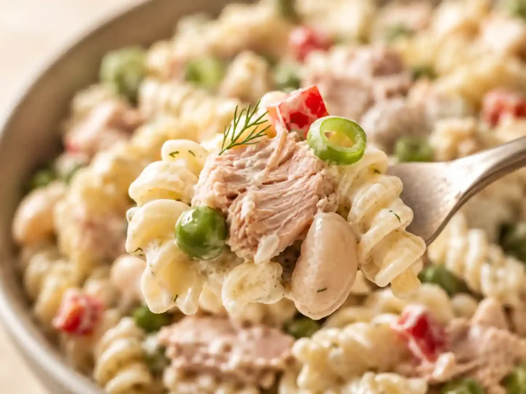 Close-up of creamy tuna pasta salad with sauce-coated rotini, tuna pieces, cannellini beans, peas, red bell pepper, and scallions.