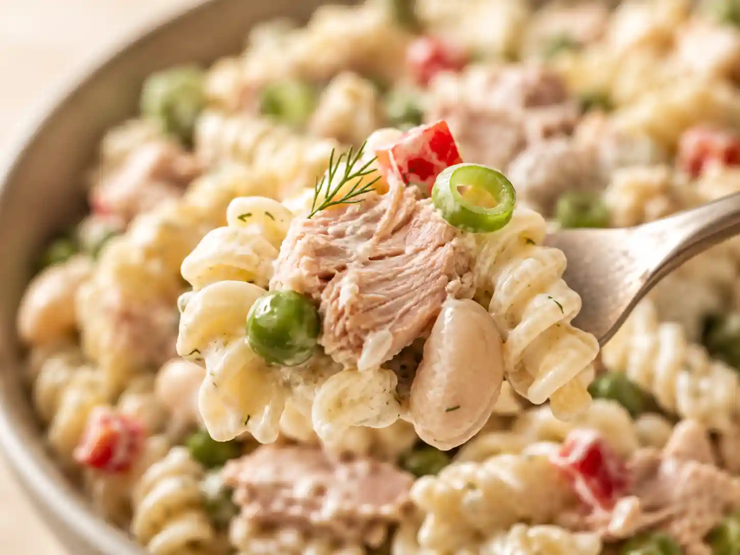 Close-up of creamy tuna pasta salad with sauce-coated rotini, tuna pieces, cannellini beans, peas, red bell pepper, and scallions.