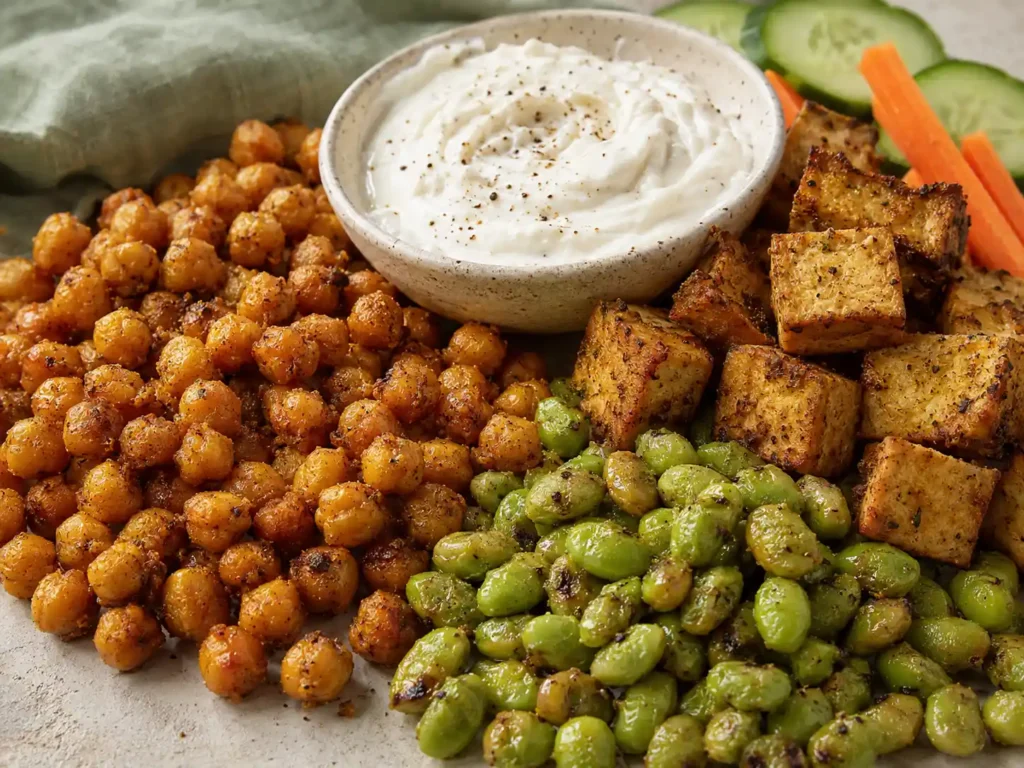 Sharp close-up of crispy roasted chickpeas, roasted edamame, baked tofu bites, and creamy yogurt dip.