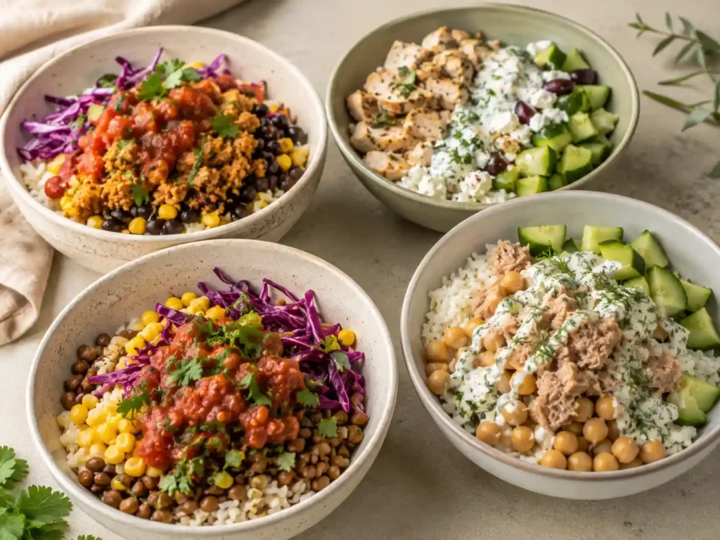 Four protein bowl ideas with ground chicken, Greek-style chicken, lentils, tuna, chickpeas, rice, and vegetables.