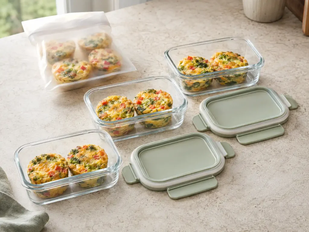 Broccoli cheddar egg bites divided into airtight breakfast meal prep containers.