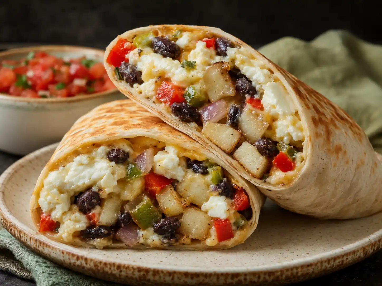 Cut-open egg white breakfast burrito showing eggs, beans, and vegetables
