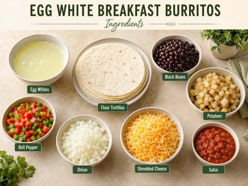 Ingredients for egg white breakfast burritos labeled on a kitchen counter