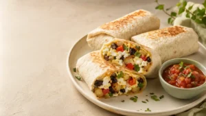 Egg white breakfast burritos filled with vegetables and beans on a plate