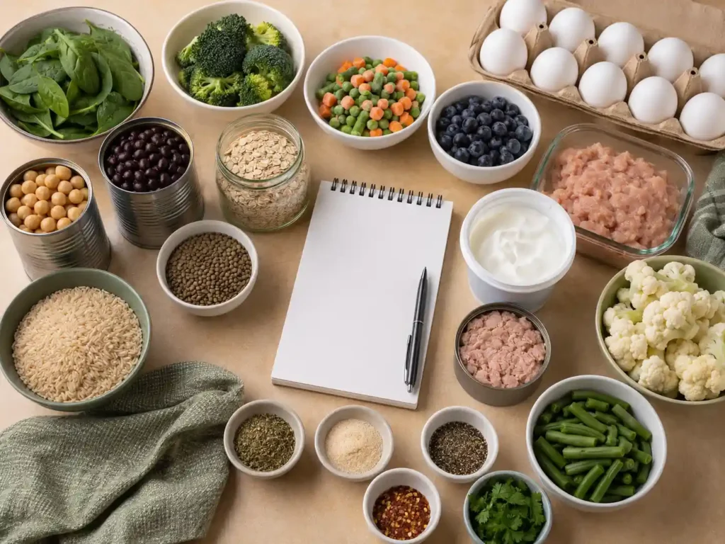 Weekly grocery planning layout with pantry proteins, refrigerated foods, chicken, rice, oats, vegetables, seasonings, and a shopping checklist.