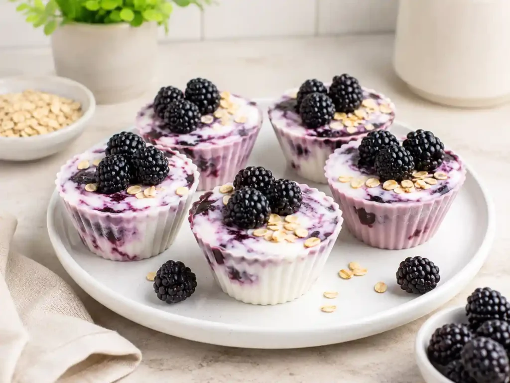Frozen blackberry Greek yogurt protein cups in silicone muffin cups with fresh blackberries.