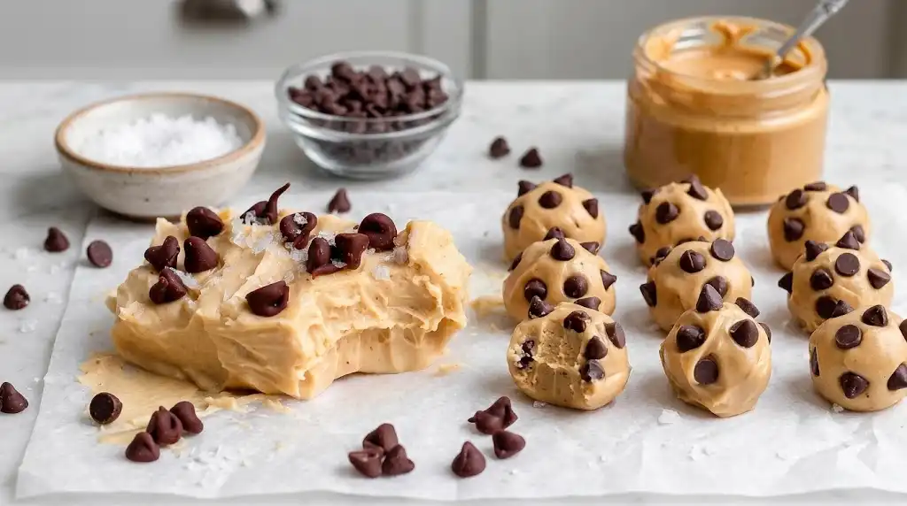 Frozen Greek yogurt peanut butter bites with mini semisweet chocolate chips on a cream plate