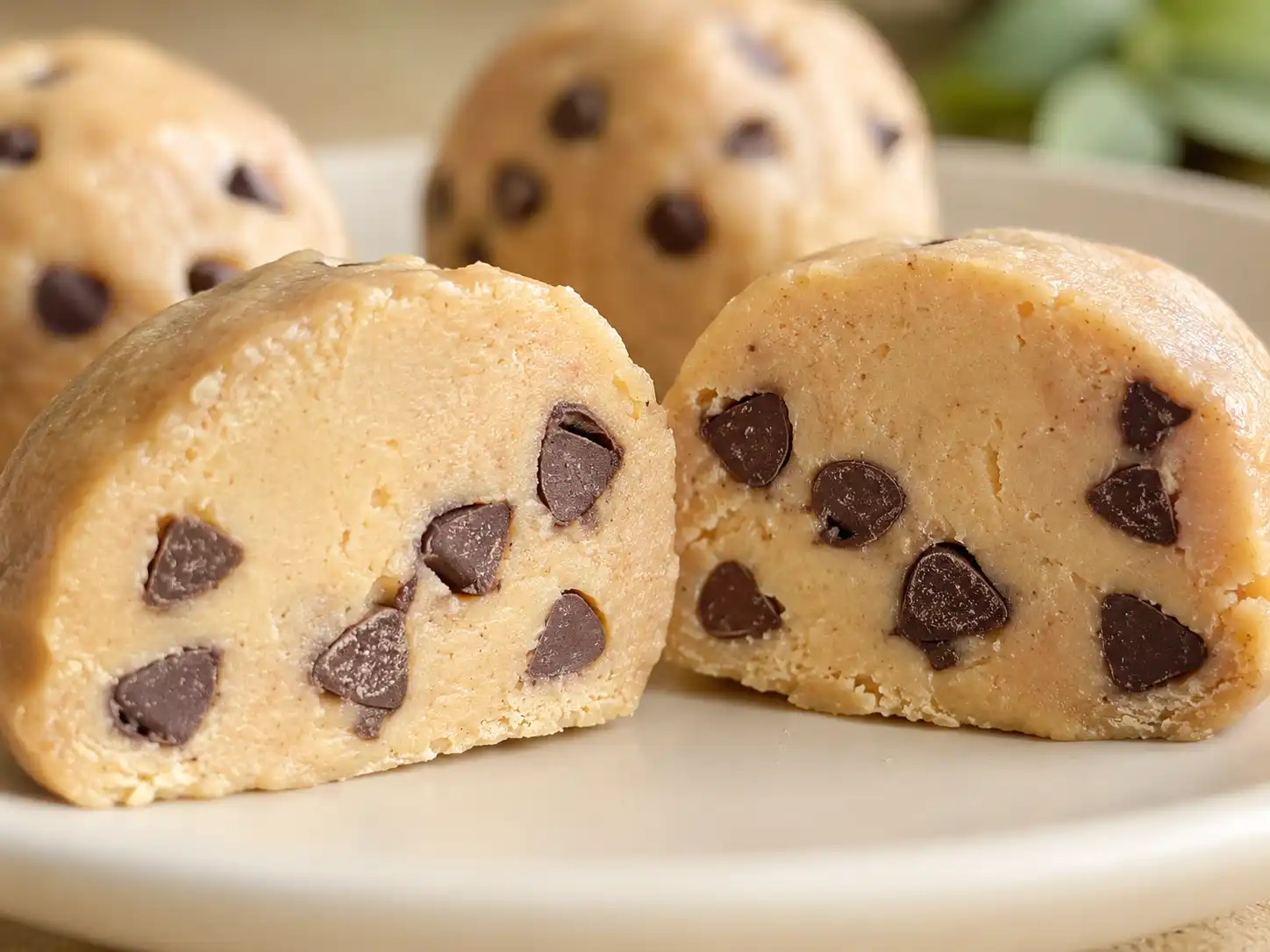 Close-up of a frozen Greek yogurt peanut butter bite showing its creamy center and mini chocolate chips