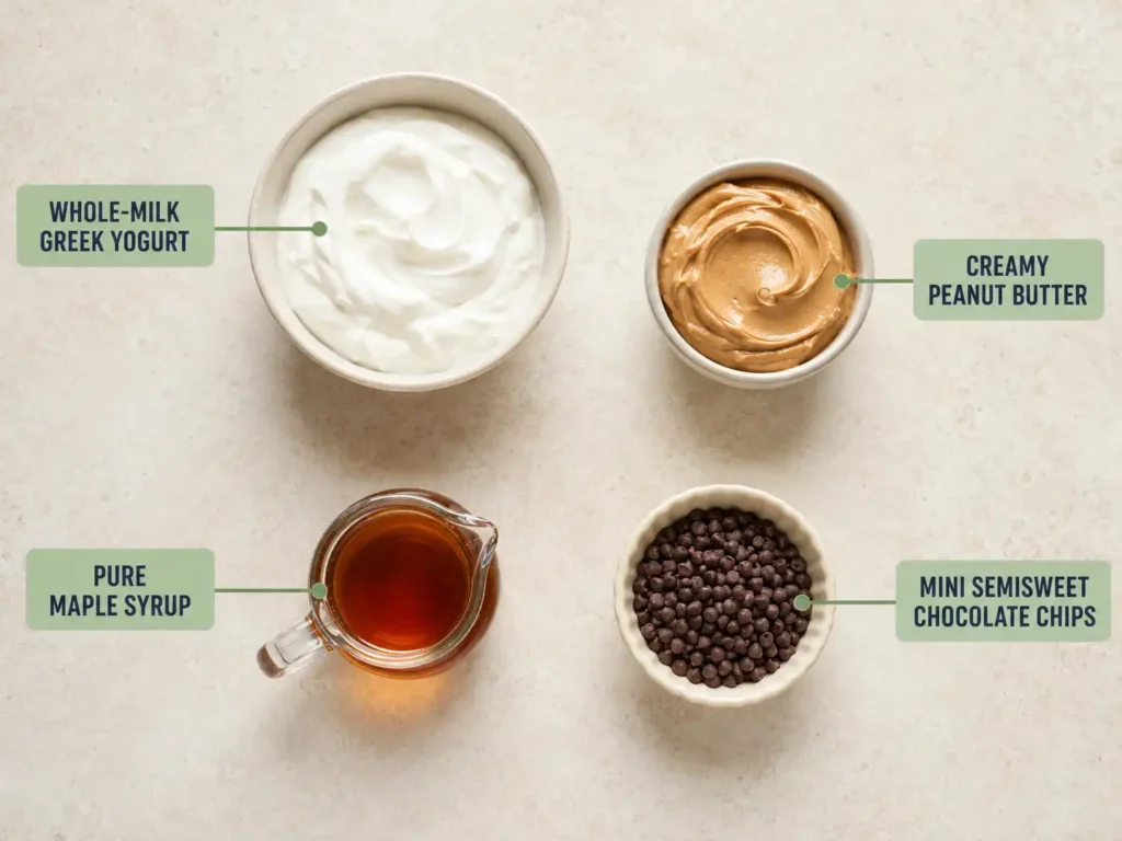 Labeled whole-milk Greek yogurt, creamy peanut butter, pure maple syrup, and mini semisweet chocolate chips