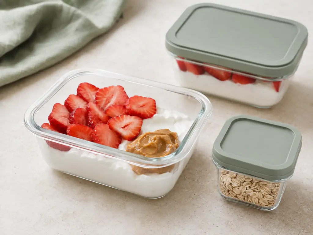 Greek yogurt and strawberries in a meal prep container with oats stored separately to preserve their texture.