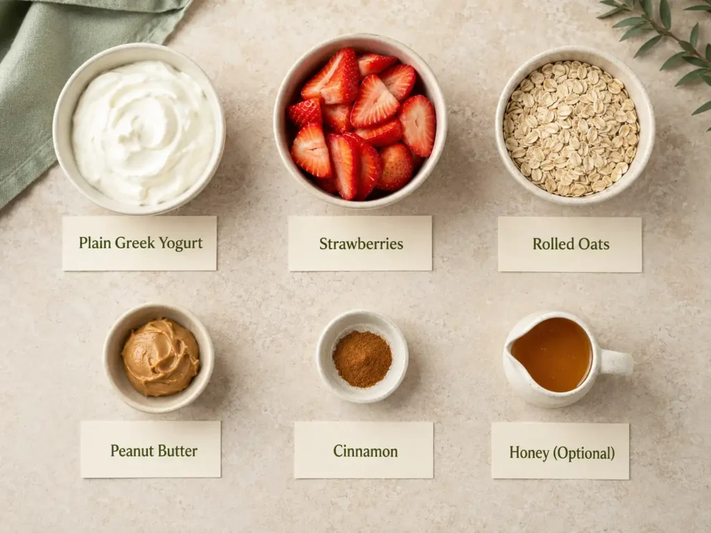 Labeled ingredients for a Greek yogurt breakfast bowl: Greek yogurt, strawberries, rolled oats, peanut butter, cinnamon, and optional honey.