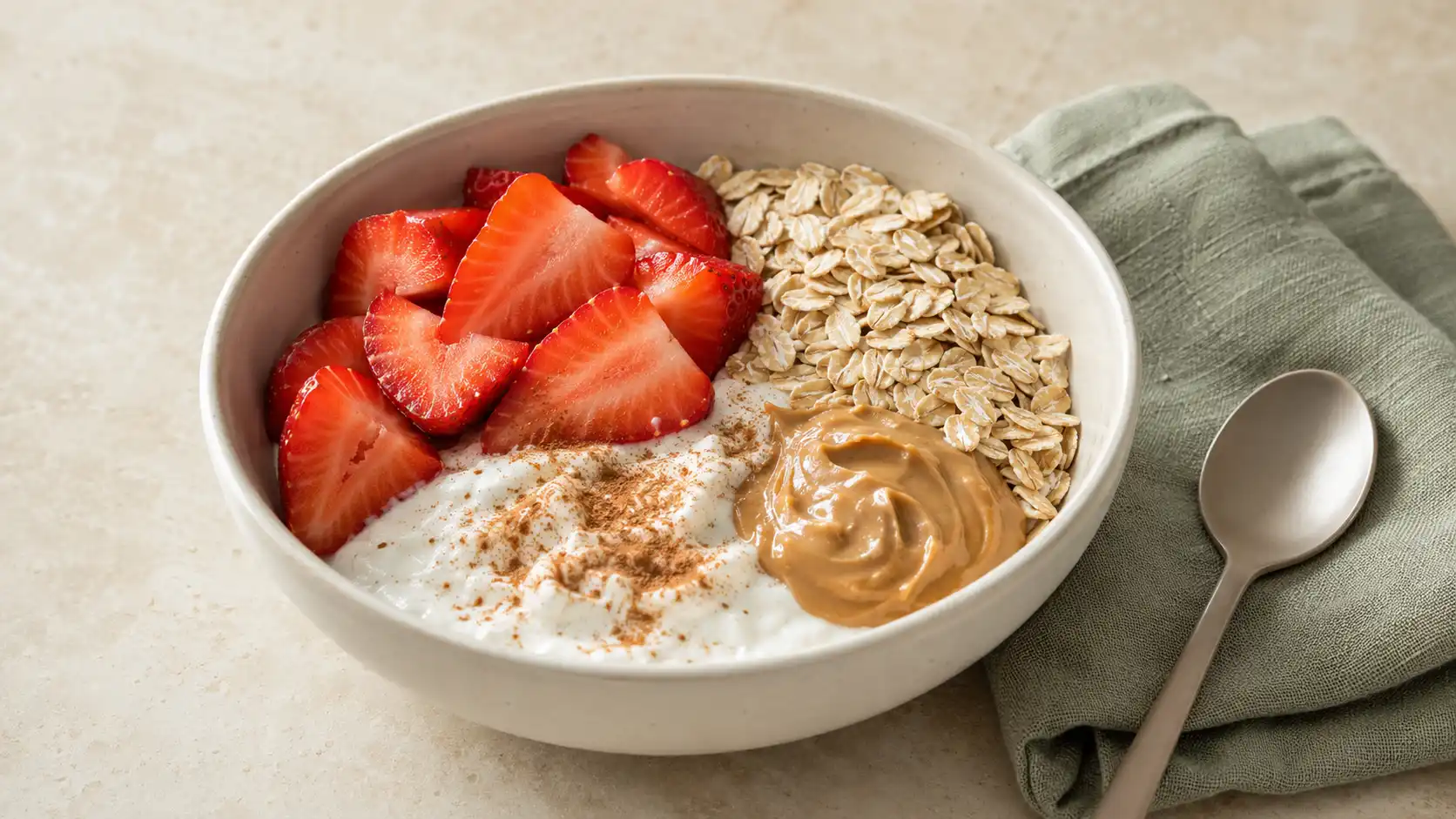 Greek yogurt breakfast bowl topped with strawberries, rolled oats, peanut butter, and cinnamon.