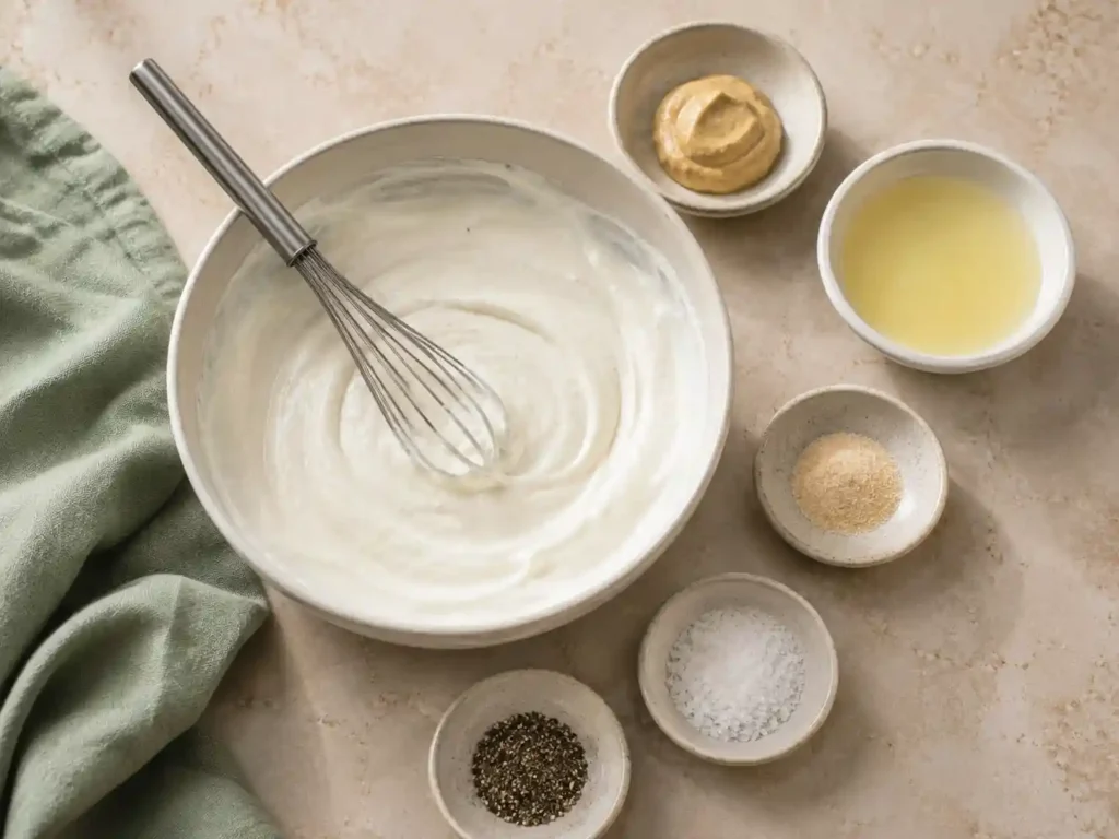 Thick Greek yogurt dressing mixed with Dijon mustard, lemon juice, garlic powder, salt, and black pepper.