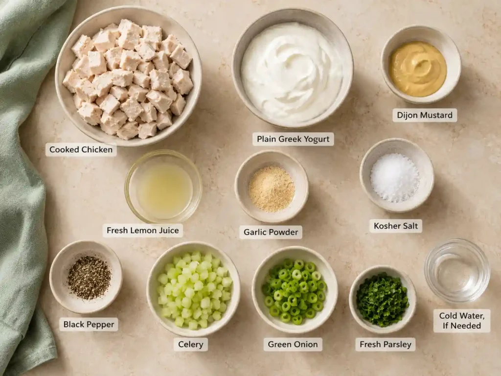Labeled ingredients for Greek yogurt chicken salad, including cooked chicken, Greek yogurt, celery, green onion, lemon, mustard, and parsley.
