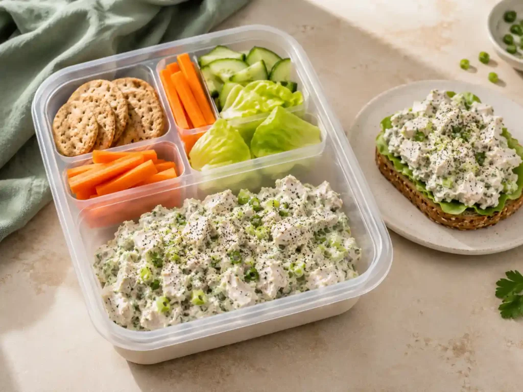 Greek yogurt chicken salad packed in a divided lunch container with crackers, carrots, cucumber, and lettuce.
