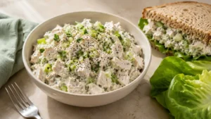Creamy Greek yogurt chicken salad with cooked chicken, celery, green onion, and fresh parsley in a cream bowl.