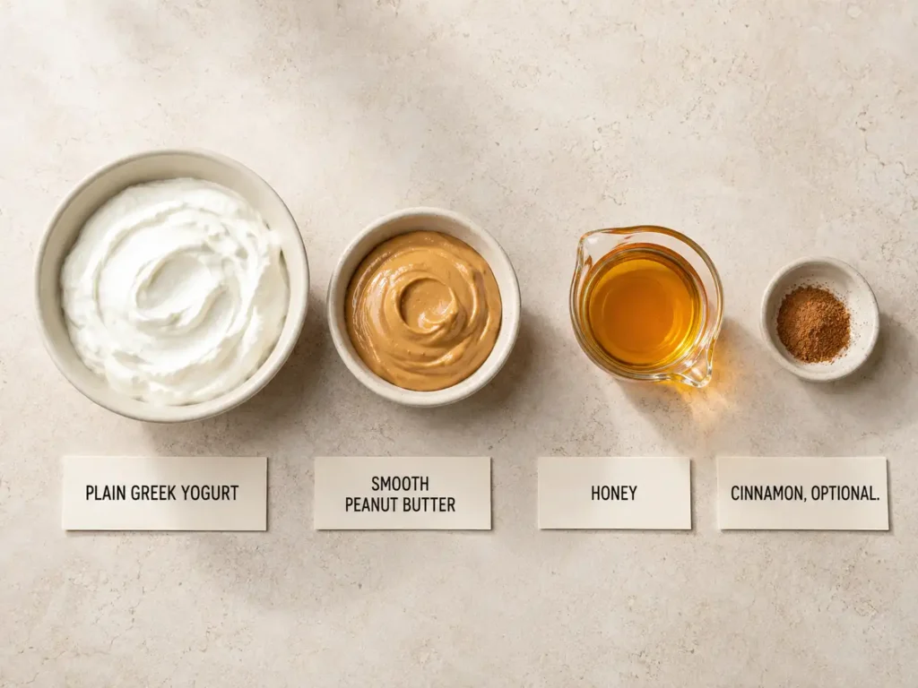 Labeled Greek yogurt peanut butter dip ingredients including yogurt, peanut butter, honey, and cinnamon