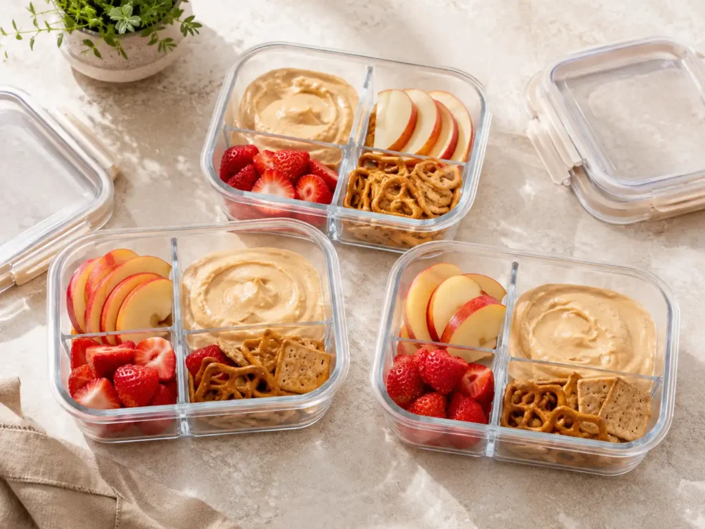 Greek yogurt peanut butter dip portioned into containers with apples and pretzels stored separately