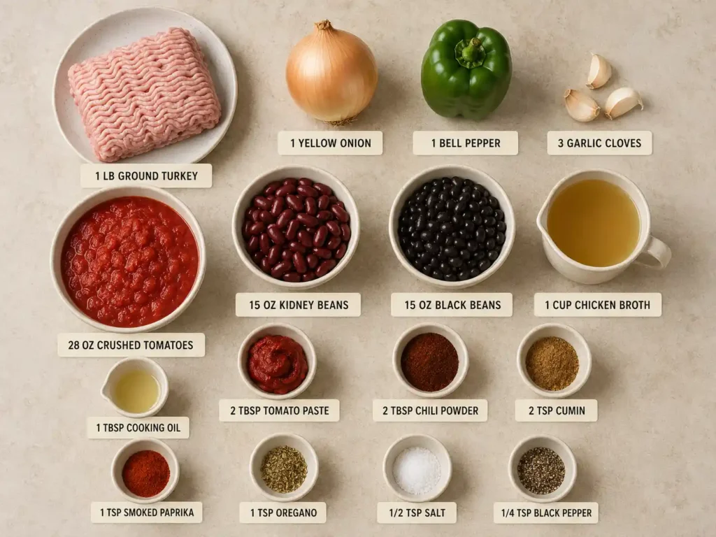Labeled ingredients for ground turkey chili including turkey, beans, tomatoes, vegetables, broth, oil, tomato paste, and seasonings