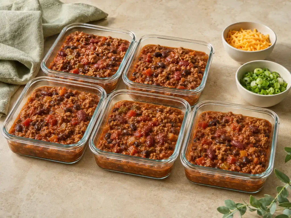 Ground turkey chili divided into individual glass meal-prep containers