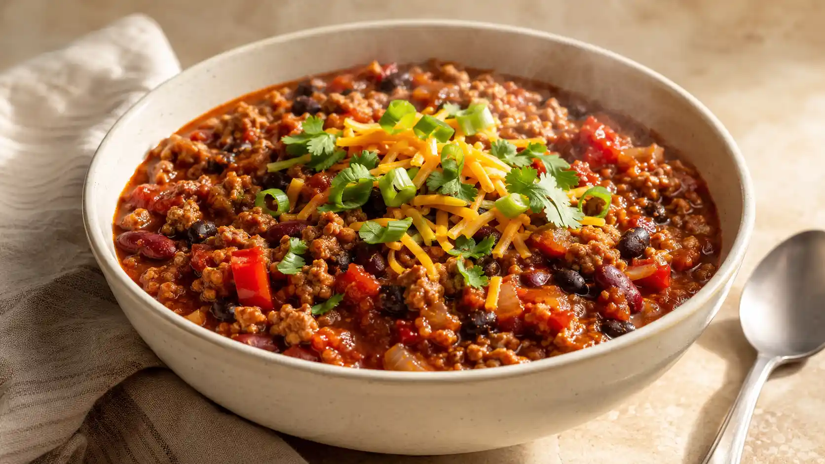 Thick ground turkey chili with kidney beans, black beans, tomatoes, bell pepper, and simple toppings in a cream bowl