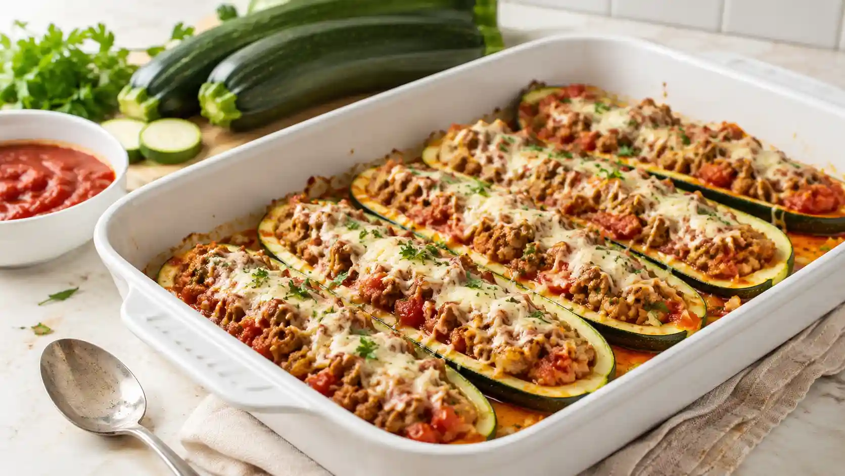 Ground turkey zucchini boats baked with tomato sauce and optional melted cheese in a white baking dish.