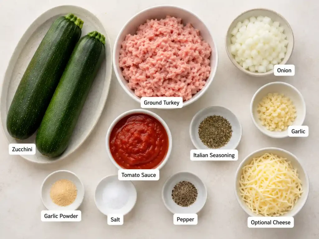 Labeled ingredients for ground turkey zucchini boats including zucchini, ground turkey, onion, garlic, tomato sauce, Italian seasoning, garlic powder, salt, pepper, and shredded cheese.