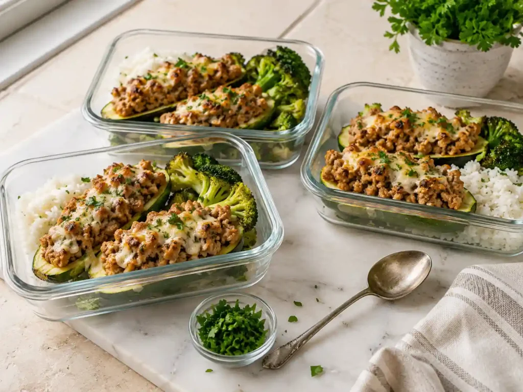 Ground turkey zucchini boats packed in meal prep containers with rice and vegetables.