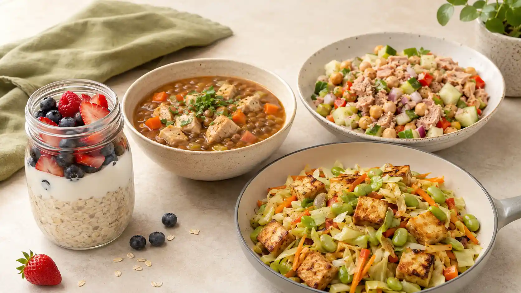 High-fiber high-protein meal prep with overnight oats, chicken lentil soup, tuna chickpea salad, and tofu skillet.