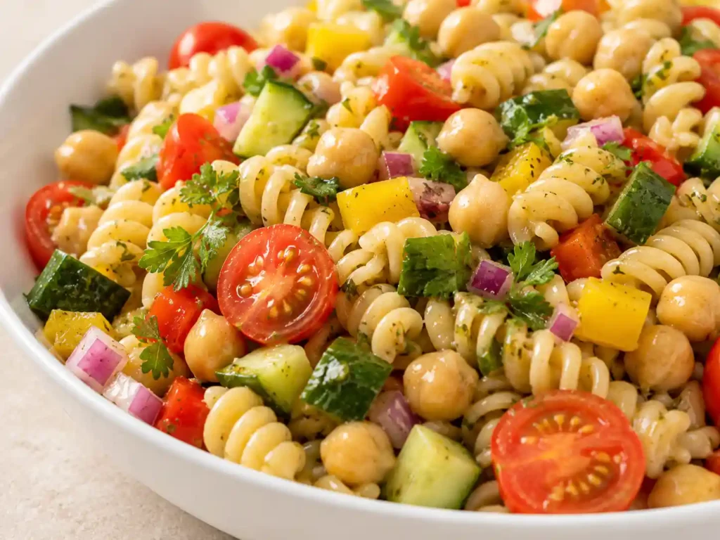 Close-up of high fiber protein pasta salad with chickpea pasta, chickpeas, juicy tomatoes, cucumber, bell pepper, herbs, and glossy lemon dressing.